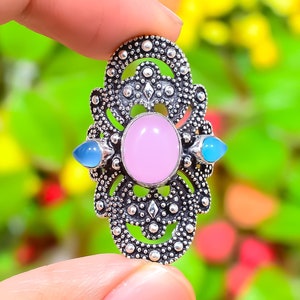 Pink Chalcedony Ring,Blue Chalcedony Ring, Cabochon Chalcedony Stone, Gothic Ring, Statement Ring, 925 Sterling Silver Ring, Pink Ring Gift