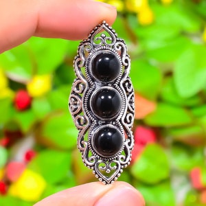 Black Onyx Gemstone Ring, Round Shape Onyx, Bohemian Ring, 925 Sterling Silver Ring, Long Ring Jewelry, Anniversary Gift Jewelry For Women&#39;s