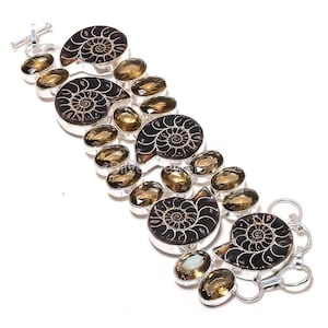 Ammonit fossil topas handgjort armband 925 sterlingsilver smycken med bruna stenar
