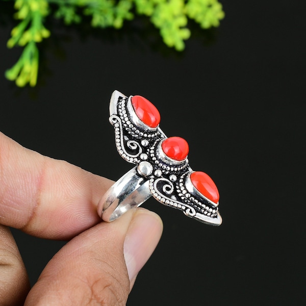 Red Coral Gemstone Ring, 925 Sterling Silver Ring, Statement Ring, Navajo Ring Jewelry, Natural Red Coral Ring, Best Gift Jewelry For Her