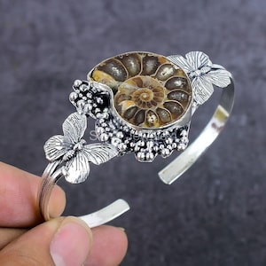 Elegante bracciale con fossili di ammonite, bracciale con pietre preziose marroni, bracciale rigido, gioielli in argento sterling 925, regalo di nozze, bracciale per amore