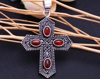 Red Fire CARNELIAN 5 Stone CROSS Pendant 1 3/4 " Silver Plated ART Jewellery Red Fire CARNELIAN 5 Stone CROSS Pendant 1 3/4 " Silver Plated ART Jewellery
