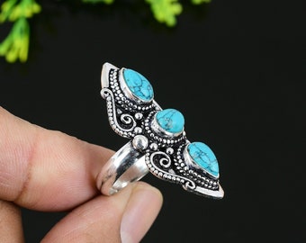 Tibetan Turquoise Ring, 925 Sterling Silver Ring, December Birthstone Ring, Natural Turquoise Ring, Bohemian Ring, Statement Ring For Her