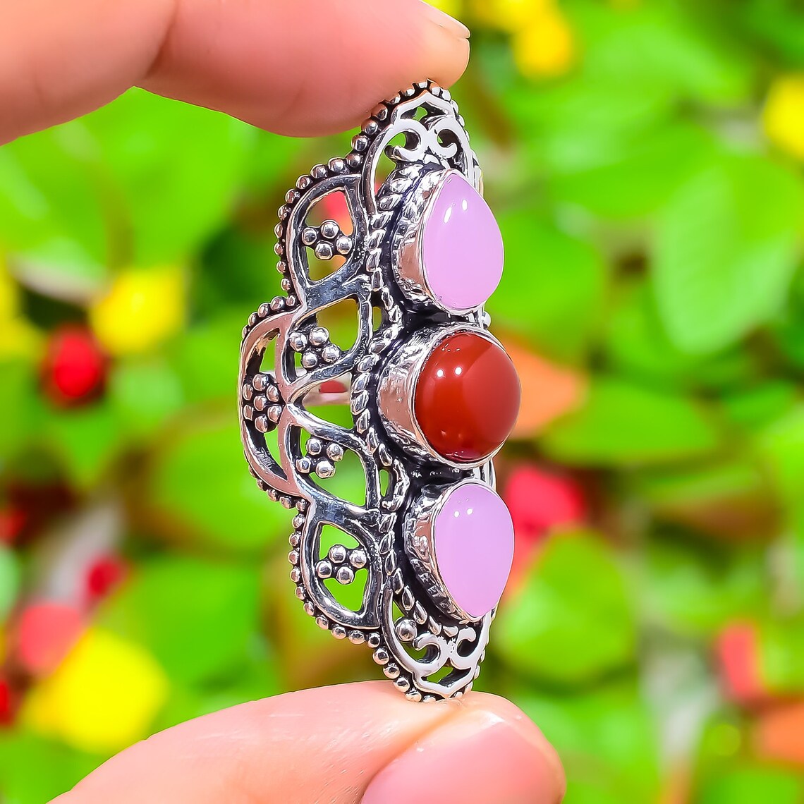 Natural Carnelian With Rose Quartz Silver Ring 925 Sterling Etsy