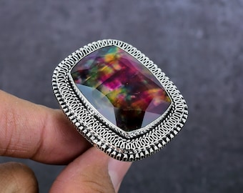Natural Ammolite Ring Size 9, Multicolor Gemstone Ring, Band Ring, 925 Sterling Silver Jewelry, Anniversary Gift, Ring For Her