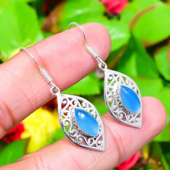 Best Quality Aqua Chalcedony Earring, Cabochon Gemstone, 925 Sterling Silver Earring, Marquise Shape Designer Earring, Gift For Mother 1.80"
