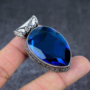 Colgante de topacio azul londinense excepcional, colgante de piedra preciosa, joyería vintage de plata de ley 925, regalo de boda, colgante para madre