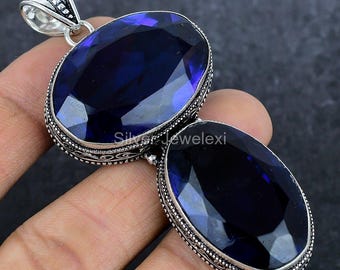 Ciondolo In Quarzo Tanzanite Blu Ovale Artigianale – Argento Placcato – Gioiello Fatto A Mano India
