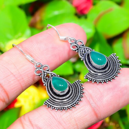 Orecchino Cabochon Onyx verde, orecchino Dangle & Drop, variazione orecchino statement, orecchino in argento sterling 925, regalo anniversario per il suo 1,70"