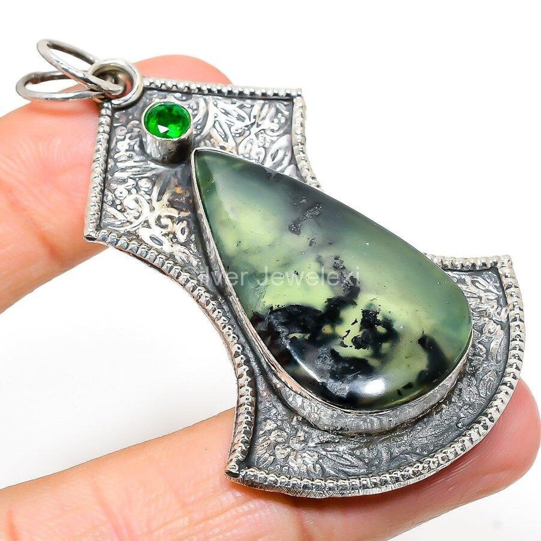 Handmade Natural Nephrite Pendant, Gemstone Pendant, Green Pendant, 925