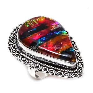 Anillo de ammolita natural talla 8, anillo de piedra preciosa multicolor, anillo de banda, joyería de plata de ley, regalo de aniversario de boda, anillo para abuela