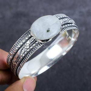 Natural Rainbow Moonstone Bracelet, White Gemstone Bracelet, Bangle Bracelet, 925 Sterling Silver Jewelry, Wedding Gift, Bracelet For Wife