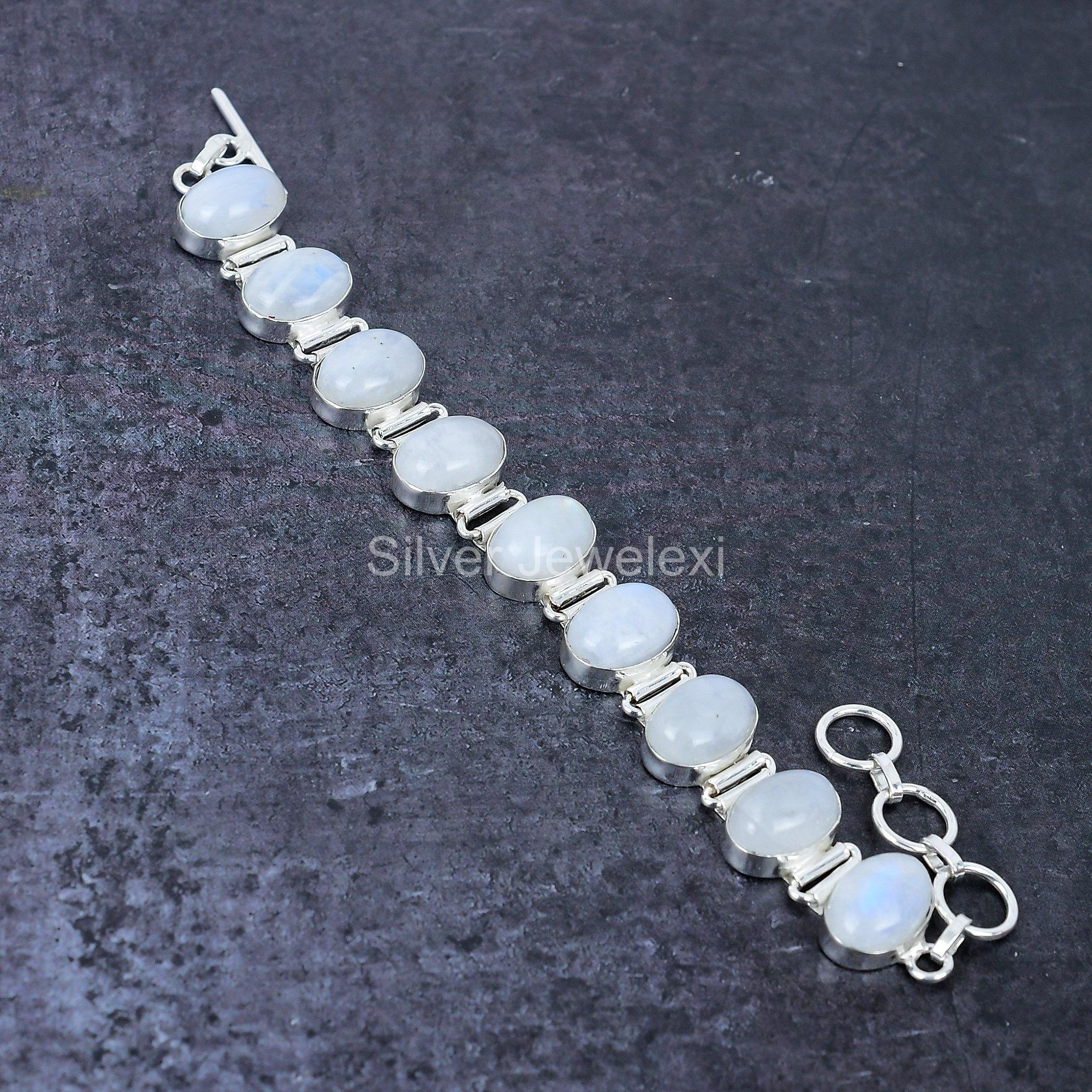 Bracciale Argento 925 Con Pietra Di Luna Naturale Fatto A Mano - Regolabile 7-8 Pollici