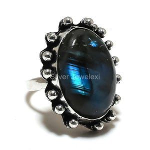 Bague labradorite rare, bague avec pierres précieuses noires, anneau, bijoux en argent sterling 925, cadeau d&#39;anniversaire de mariage, bague pour mère