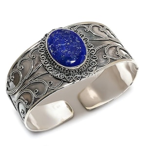 100% Genuine Lapis Lazuli Bracelet, Blue Gemstone Bracelet, Bangle Bracelet, 925 Sterling Silver Jewelry, Wedding Gift, Bracelet For Her