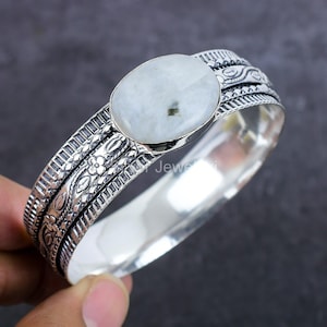 Exquisite Rainbow Moonstone Bracelet, White Gemstone Bracelet, Bangle Bracelet, 925 Sterling Silver Jewelry, Wedding Gift, Bracelet For Her
