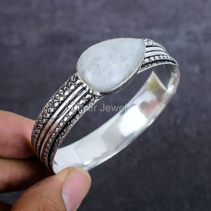 Rare Rainbow Moonstone Bracelet, White Gemstone Bracelet, Bangle Bracelet, 925 Sterling Silver Jewelry, Wedding Gift, Bracelet For Mother