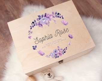 May include: A wooden keepsake box with a floral design in shades of purple and lavender. The box is personalized with the name "Sophia Rose" and the date "April 10th, 2022" along with the birth weight and length, "6 lb 7 oz | 4:35 AM | 50 CM".
