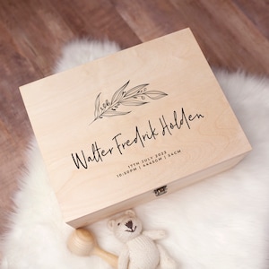 May include: A wooden keepsake box with a floral design and the inscription "Walter Fredrik Holden 17th July 2023 10:50PM | 44.45cm | 54cm".