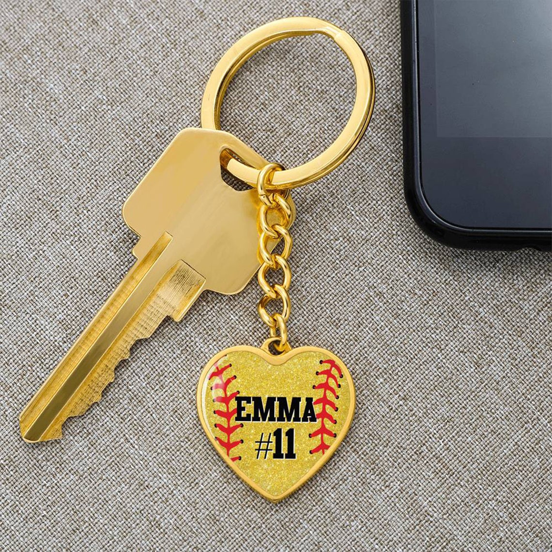 Personalized Softball Keychain Heart Shape 18k Gold Plated Etsy