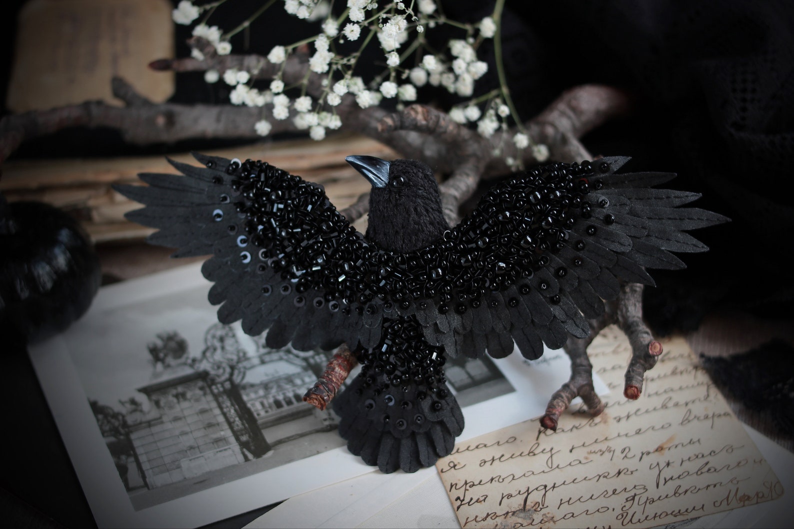 Black raven in flight hand embroidery autum crow embroidered  etsy