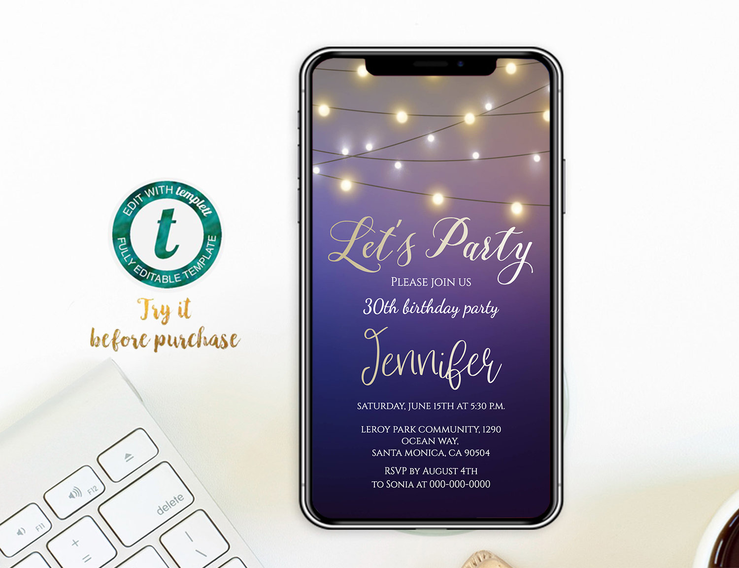 Electronic Birthday Invitation Editable Templatepurple Etsy UK