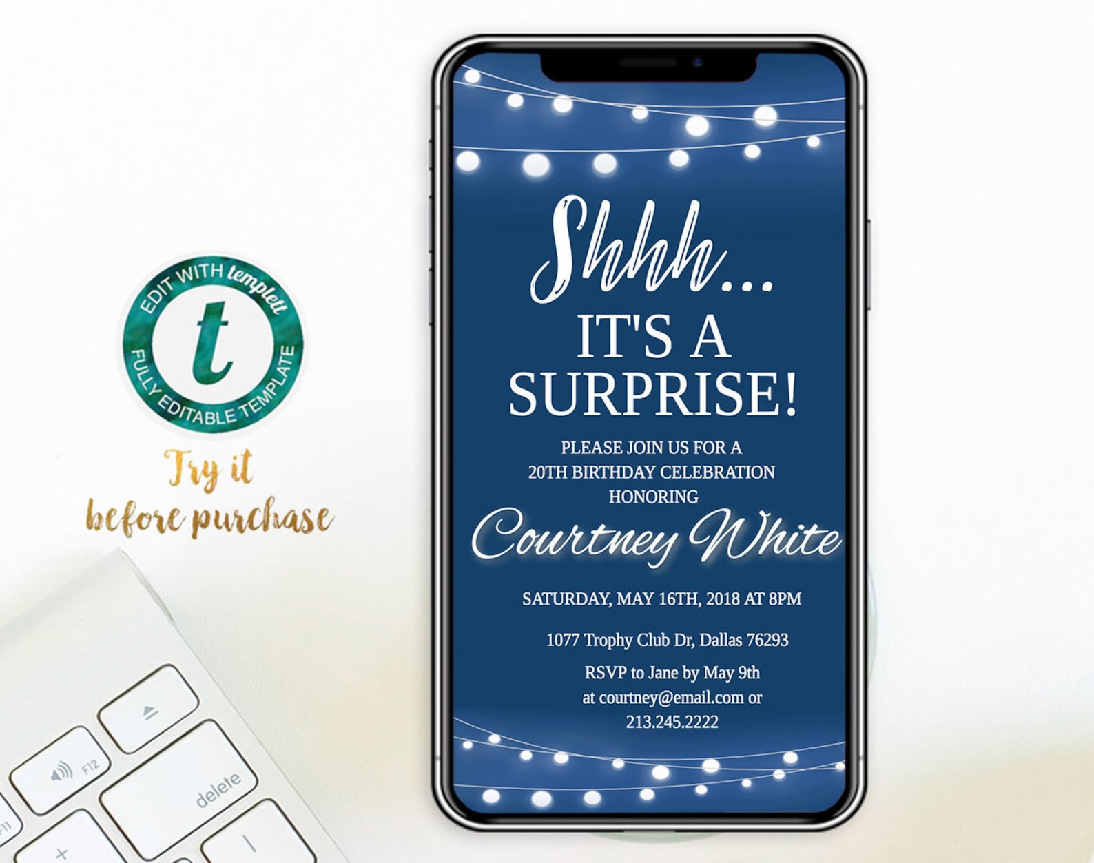 Electronic Birthday Invitation Editable Templatenavy Blue Etsy