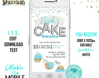 Stylish Theme Cake Smash Invite / First Birthday Evite / Smartphone Invite / Editable Template / Foil Balloons / Corjl / EVCS07