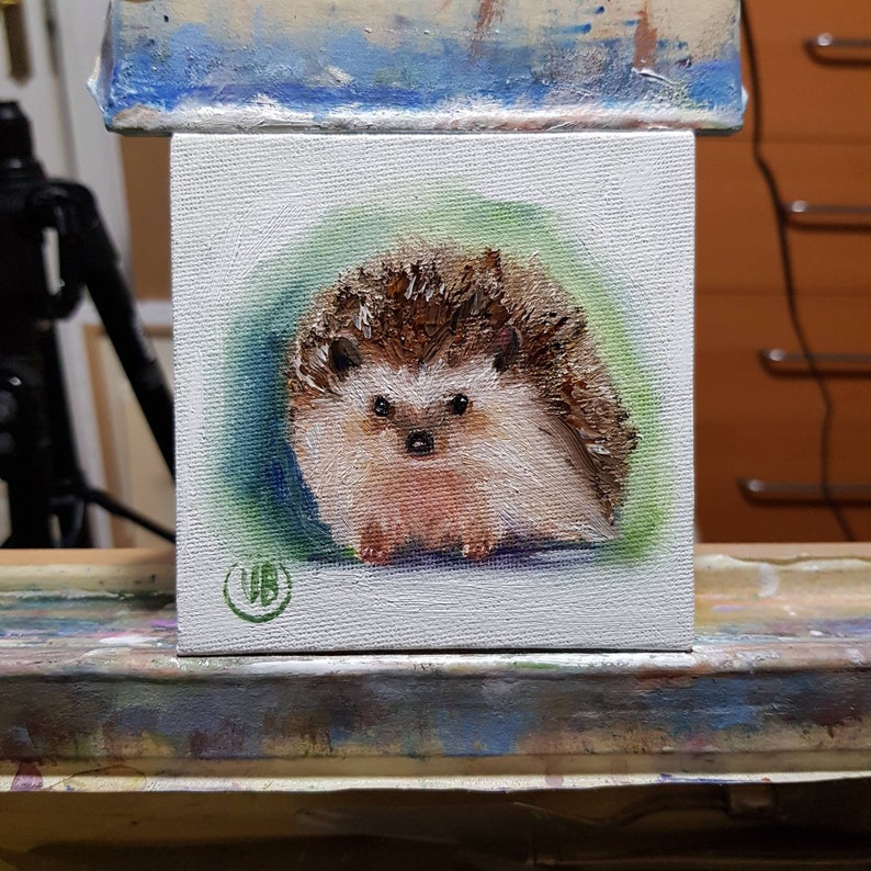 Hedgehog Painting Original Artwork Cute Animal Wall Art 4 \u00d7 4 in Small Oil Painting by VBartist