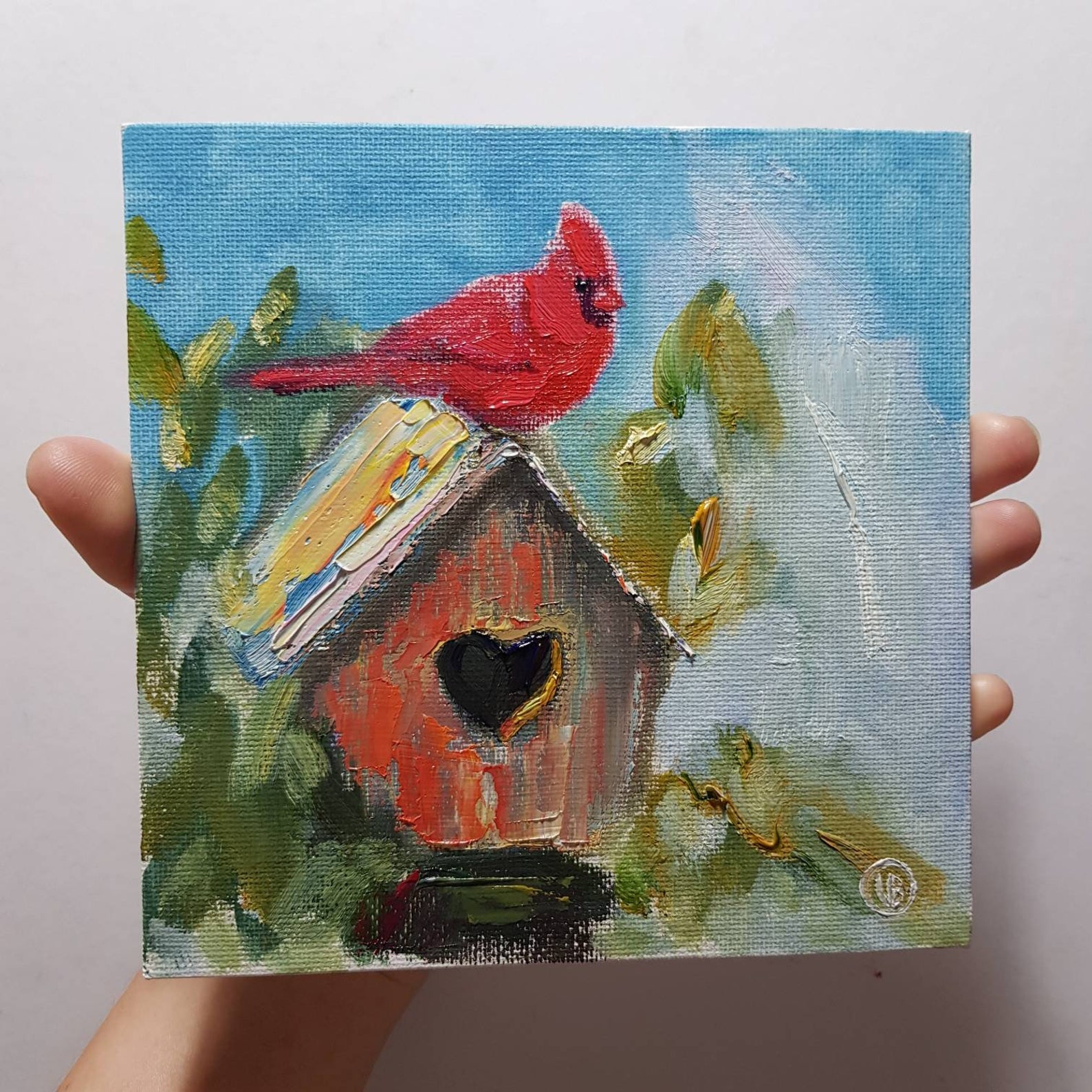 Cardinal painting Birdhouse original artwork Small oil | Etsy
