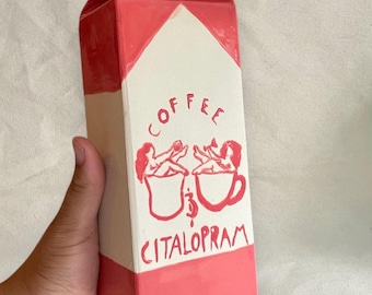 Milk Carton Vase, Coffee & Citalopram, handmade, novelty kitchenware, custom, hand painted ceramics