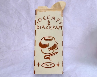 Handmade "Decaf & Diazepam" Milk Carton Vase, Novelty Ceramic Kitchenware