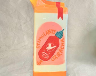 Handmade Ceramic Milk Carton Vase, Stimulants & Sriracha Design
