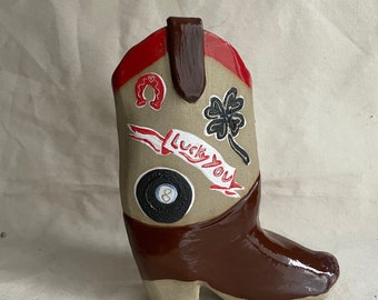 Large Cermaic Cowboy Boot - match strikers, planter, plant pot, vase, handmade, novelty kitchenware, custom, hand painted ceramics