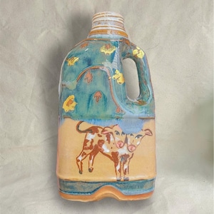 Vaso de caixa de leite, bezerro de duas cabeças, feito à mão, utensílios de cozinha novos, personalizado, cerâmica pintada à mão, presente de outono, outono