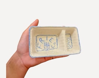 Handmade Ceramic Fries & Sauce Tray - Fun Indie Pottery Dish, Novelty Serveware