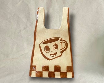 Ceramic Grocery bag - coffee cup design, handmade, novelty kitchenware, shopping plastic bag, hand painted ceramics