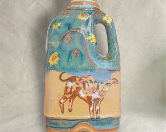 Milk Carton Vase, Two headed Calf, handmade, novelty kitchenware, custom, hand painted ceramics