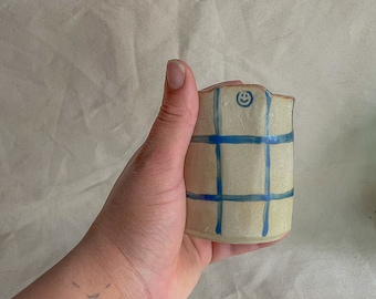 Handmade Ceramic Take Out Mug, Blue Gingham Check, Kitsch Decor