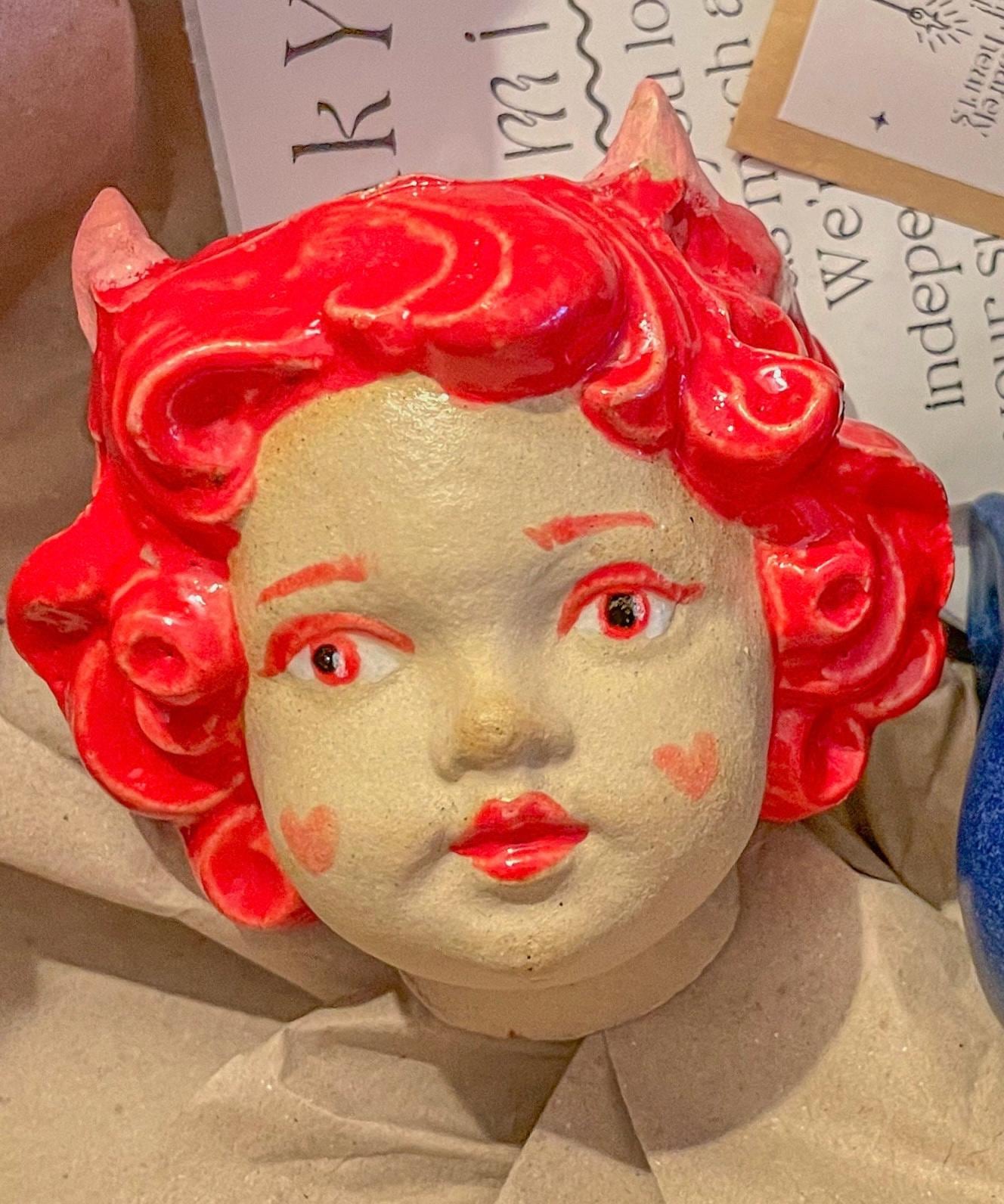 Handmade Ceramic Doll Head Planter, Devil or Angel, Spooky Decor