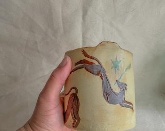 Ceramic Take Out Mug, Dog sketch, pottery, kitsch home decor, novelty coffee, travel cup, hand painted, Gen Z gift, greyhound, dog mom gift