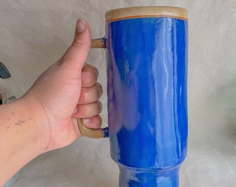 Ceramic Take Out Tumbler blue, oversized coffee mug, hand made pottery, kitsch home decor, novelty coffee, travel cup, hand painted, travel