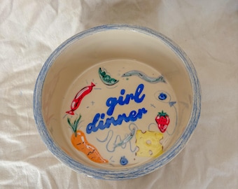 Handmade Dog Bowl – “Girl Dinner” Design | Colourful Ceramic Pet Bowl | Matching Baking Tray Available