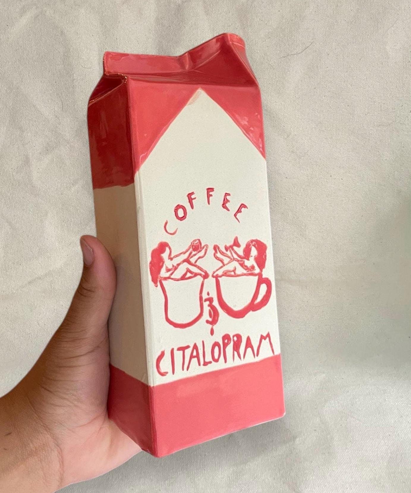 Milchkarton Vase, Kaffee & Citalopram, handgefertigt, Geschirr, benutzerdefinierte, handbemalte Keramik