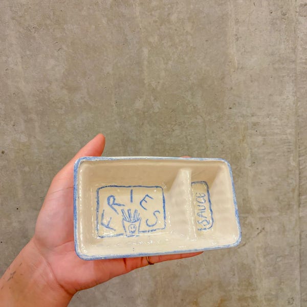 Handmade Ceramic Fries & Sauce Tray - Fun Indie Pottery Dish, Novelty Serveware