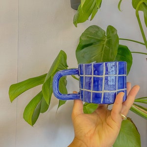 Blue ceramic mug, gingham, hand made pottery, kitsch home decor, vegan, novelty coffee cup, plaid mug, checkered image 2