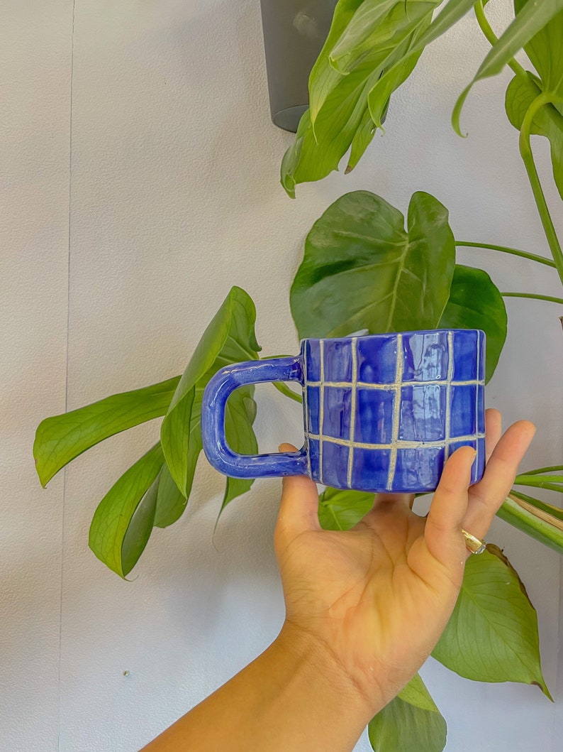 Blue ceramic mug, gingham, hand made pottery, kitsch home decor, vegan, novelty coffee cup, plaid mug, checkered image 2
