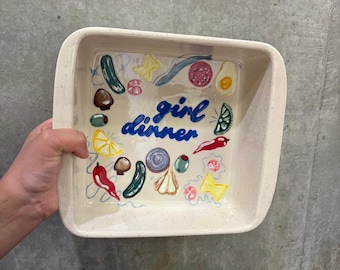 Handmade “Girl Dinner” Ceramic Baking Dish – Oven-to-Table Tray with Hand-Painted Food Illustrations
