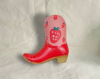 Cowboy Boot Match Striker - Strawberry pattern ceramic planter, vase, cowgirl aesthetic, home decor, cow print, ornament, country western,
