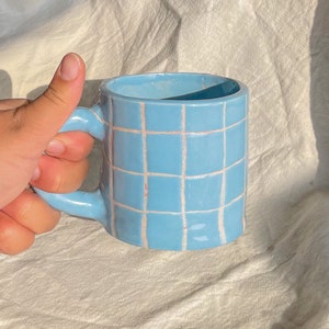 Light Blue ceramic mug, gingham print, hand made pottery, novelty mug, plaid mug , hand painted, minimalist gift